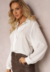 Biała Koszula z Falbanką i Koronkową Wstawką Hammonis. Białe bluzki damskie Renee, xl, bez wzorów, z koronki, eleganckie, bez kołnierzyka, bez ramiączek. Za 59.99 zł.