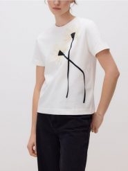 Bawełniany t-shirt z aplikacją 3d - biały. Białe t-shirty damskie Reserved, l, z aplikacjami, z bawełny, bez kołnierzyka. W wyprzedaży za 59.99 zł.