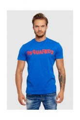 DSQUARED2 Niebieski t-shirt męski z czerwonym logo. Niebieskie t-shirty męskie Dsquared2, m, bez wzorów, prążkowane, bez kołnierzyka. W wyprzedaży za 399.99 zł.