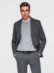 Męska marynarka SLIM z dzianiny o subtelnej strukturze – grafitowa V1 - Rozmiar: XL. Szare marynarki męskie Ombre Clothing, bez wzorów, z dzianiny, biznesowe. Za 344.99 zł.