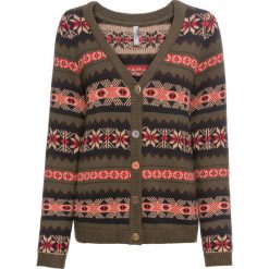 Sweter rozpinany bonprix ciemnozielono-brązowy wzorzysty. Kardigany damskie marki bonprix. Za 44.99 zł.