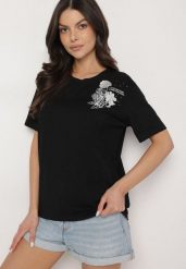Czarny T-shirt z Bawełny Zdobiony Nadrukiem z Cyrkoniami Telerea. Czarne bluzki damskie Born2be, l, z aplikacjami, z bawełny, eleganckie, bez kołnierzyka. Za 34.99 zł.