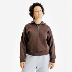 Bluza ze stójką na suwak damska Elementals. Brązowe bluzy damskie Decathlon, xs, bez wzorów, z bawełny, bez kaptura. Za 179.99 zł.