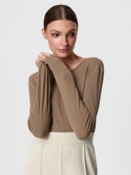 Bluzka w prążki - beżowy. Brązowe bluzki damskie Sinsay, l, bez wzorów, z włókna, bez kołnierzyka, bez ramiączek. Za 35.99 zł.