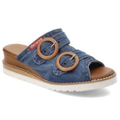 Niebiesko-Brązowe Klapki Artiker Modne Obuwie Damskie Na Lato. Brązowe klapki damskie Artiker, bez wzorów, z denimu, bez obcasa, na koturnie, bez zapięcia. Za 239.00 zł.