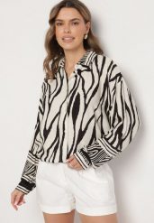 Beżowo-Czarna Wiskozowa Koszula z Lnem i Geometrycznym Wzorem Sepineva. Brązowe bluzki damskie Born2be, bez wzorów, z jeansu, eleganckie, bez kołnierzyka, bez ramiączek. Za 79.99 zł.