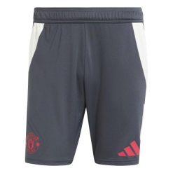 Krótkie spodenki treningowe Manchester United Tiro 2024/25. Niebieskie krótkie spodenki sportowe męskie Adidas, bez wzorów, na fitness i siłownię. W wyprzedaży za 163.00 zł.