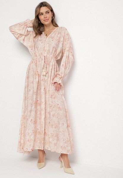 Różowa Bawełniana Sukienka w Kwiaty z Dekoltem V i Bufiastymi Rękawami Efandria. Czerwone sukienki damskie Born2be, na co dzień, na lato, l, bez wzorów, z bawełny, eleganckie, bez kołnierzyka, bez ramiączek, maxi. Za 159.99 zł.