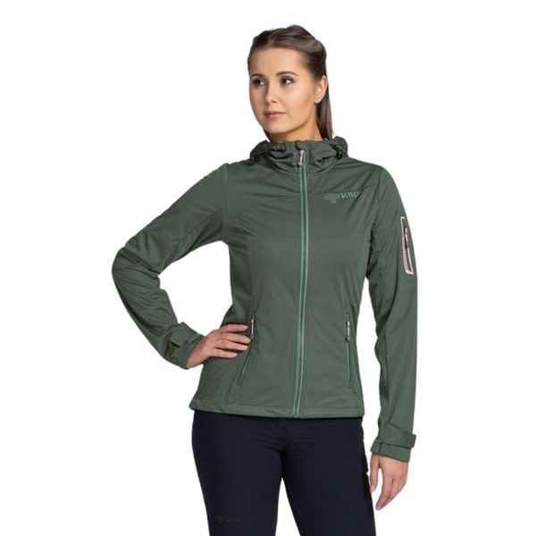 Damska kurtka softshell Kilpi BELTRA-W. Zielone kurtki damskie Kilpi, na jesień, bez wzorów, z materiału, z kapturem, trekkingowe. Za 253.50 zł.