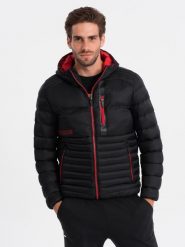 Kurtka męska pikowana z kapturem - czarna V3 OM-JALP-0120 - L. Czarne kurtki męskie Ombre Clothing, l, bez wzorów. W wyprzedaży za 79.99 zł.