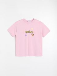 Bawełniana koszulka z nadrukiem Pokémon - różowy. Czerwone t-shirty damskie Sinsay, l, bez wzorów, z bawełny, bez kołnierzyka. Za 39.99 zł.