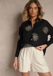 Czarna Koszula z Lnu i Bawełny z Ozdobnym Haftem Valkio. Czarne bluzki damskie Renee, l, bez wzorów, z bawełny, eleganckie, bez kołnierzyka, bez ramiączek. Za 69.99 zł.