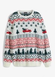 Cienki sweter z motywem bożonarodzeniowym. Białe swetry przez głowę męskie bonprix, l, bez wzorów, bez kołnierzyka. Za 129.99 zł.
