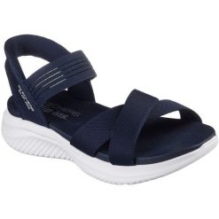 Sandały damskie Skechers Ultra Flex 3.0 Nev. Niebieskie sandały damskie Skechers, bez wzorów, z materiału, bez obcasa, bez zapięcia. Za 490.00 zł.