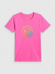 4F T-shirt regular z nadrukiem damski - różowy M. Czerwone t-shirty damskie 4f, m, bez wzorów, z bawełny, klasyczne, bez kołnierzyka. Za 59.99 zł.