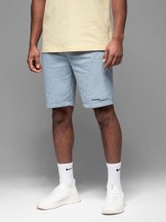 Dopasowane męskie krótkie spodenki dresowe z nadrukami – jasnoniebieskie V1 OM-SRSK-0138 - XXL. Niebieskie krótkie spodenki sportowe męskie Ombre Clothing, l, bez wzorów, z bawełny, na fitness i siłownię. W wyprzedaży za 69.99 zł.