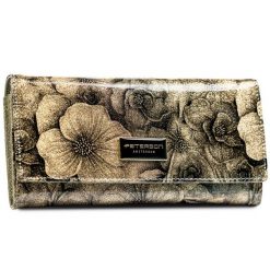 Portfel damski Peterson PTN PS401-FDS złoty. Żółte portfele damskie Peterson, z aplikacjami, z lakierowanej skóry. Za 89.99 zł.