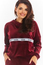 Welurowa Bluza Kangurka Logowaną Taśmą - Bordowa. Czerwone bluzki damskie Awama, l, bez wzorów, z materiału, bez kaptura. Za 201.90 zł.