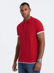 Bawełniana koszulka męska polo z kontrastowymi wykończeniami – czerwona V2 OM-POSS-0113 - XXL. Czerwone koszulki polo męskie Ombre Clothing, l, bez wzorów, z bawełny, wizytowe, bez ramiączek. Za 71.99 zł.