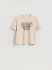 Bawełniany t-shirt z nadrukiem - beżowy. Brązowe t-shirty damskie Reserved, l, bez wzorów, z bawełny, bez kołnierzyka. Za 49.99 zł.