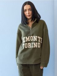 Polarowa bluza half-zip z napisem - zielony. Zielone bluzy damskie Sinsay, l, bez wzorów, z polaru, bez kaptura. Za 59.99 zł.