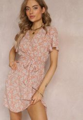 Pomarańczowa Sukienka z Kopertowym Dekoltem w Kwiaty z Gumką i Paskiem w Talii Arlettie. Brązowe sukienki damskie Renee, na lato, m, bez wzorów, bez kołnierzyka, bez ramiączek, mini, kopertowe. Za 49.99 zł.