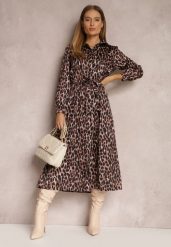 Brązowa Sukienka Forkedchomp. Brązowe sukienki damskie Renee, m, bez wzorów, z materiału, eleganckie, bez kołnierzyka, bez ramiączek, midi. Za 139.99 zł.