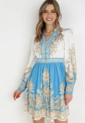 Biało-Niebieska Sukienka Phiniope. Niebieskie sukienki damskie Born2be, na imprezę, m, bez wzorów, bez kołnierzyka, bez ramiączek, maxi. Za 169.99 zł.