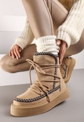 Ciemnobeżowe Śniegowce na Grubej Podeszwie Ozdobione Sznurowaniem Melindria. Brązowe obuwie sportowe damskie Born2be, bez wzorów, z jeansu, trekkingowe. Za 79.99 zł.