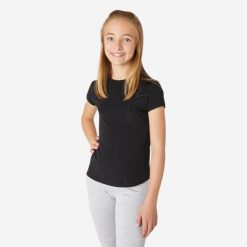 Koszulka z krótkim rękawem dziecięca Domyos NKF500. Czarne t-shirty i topy dla dziewczynek DOMYOS, bez wzorów, z elastanu, bez ramiączek. Za 5.49 zł.