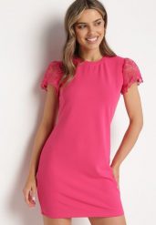 Fuksjowa Dopasowana Sukienka z Koronkowym Rękawkiem Cidariana. Czerwone sukienki damskie Born2be, na imprezę, m, bez wzorów, z koronki, eleganckie, bez kołnierzyka, bez ramiączek, mini, dopasowane. Za 64.99 zł.
