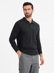 Longsleeve męski z kołnierzykiem polo BASIC czarny V2 OM-POBL-0114 S. Czarne bluzki z długim rękawem męskie Ombre, m, bez wzorów, bez ramiączek. Za 196.65 zł.