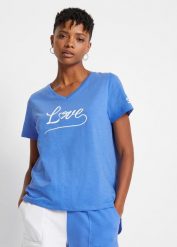 Shirt z nadrukiem. Czarne t-shirty damskie bonprix, bez wzorów, bez kołnierzyka. Za 39.99 zł.