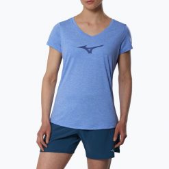 Koszulka do biegania damska Mizuno Core Runbird Tee. Niebieskie koszulki sportowe damskie Mizuno, m, bez wzorów, z materiału, bez kołnierzyka, bez ramiączek, do biegania. Za 149.99 zł.