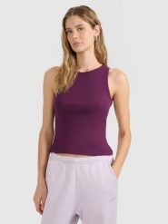 4F Top slim gładki damski - fioletowy XL. Fioletowe koszulki sportowe damskie 4f, xl, bez wzorów, z bawełny, bez kołnierzyka, bez ramiączek. W wyprzedaży za 29.99 zł.