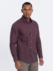 Koszula męska bawełniana we wzory SLIM FIT - bordowa V5. Czerwone koszule męskie Ombre Clothing, m, bez wzorów, z bawełny, klasyczne, bez kołnierzyka, bez ramiączek. W wyprzedaży za 79.99 zł.