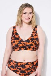 Damski Top od bikini miękkie miseczki nadruk z palmami. Brązowe bikini damskie Ulla Popken, plus size, bez wzorów, z elastanu, bez kołnierzyka, bez ramiączek. Za 125.99 zł.