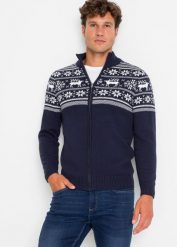 Sweter norweski rozpinany z przyjemnej dla skóry czystej bawełny. Niebieskie kardigany męskie bonprix, l, bez wzorów, z bawełny. Za 149.99 zł.
