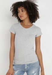 Jasnoszary T-shirt Nysalphia. Szare bluzki damskie Born2be, l, bez wzorów, z bawełny, klasyczne, bez kołnierzyka, bez ramiączek. Za 29.99 zł.