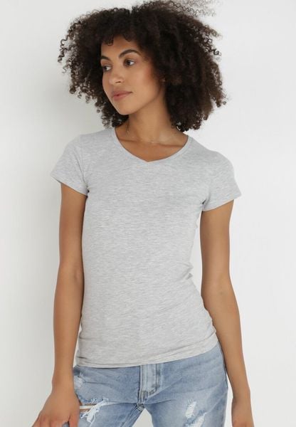 Jasnoszary T-shirt Nysalphia. Szare bluzki damskie Born2be, l, bez wzorów, z bawełny, klasyczne, bez kołnierzyka. Za 29.99 zł.