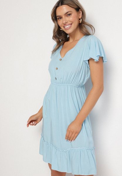 Niebieska Rozkloszowana Bawełniana Sukienka z Guzikami i Falbanami Natinema. Niebieskie sukienki damskie Born2be, na co dzień, na lato, l, bez wzorów, z bawełny, bez kołnierzyka, bez ramiączek, mini, rozkloszowane. Za 49.99 zł.