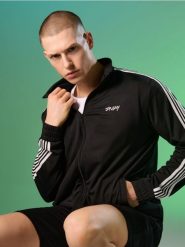 Bluza bomberka z lampasami - czarny. Czarne bluzy męskie Sinsay, l, bez wzorów, bez kaptura. Za 59.99 zł.