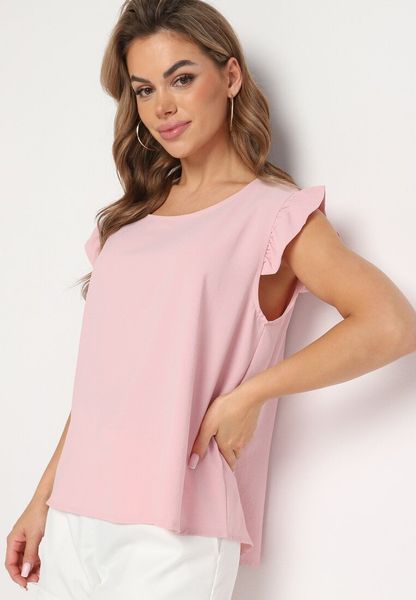 Jasnoróżowy Top Koszulka bez Rękawów z Falbanką Vivolia. Czerwone koszule damskie Born2be, plus size, z aplikacjami, z jeansu, eleganckie, bez kołnierzyka, plus size, bez ramiączek. Za 39.99 zł.