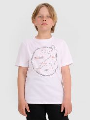 4F T-shirt regular z nadrukiem chłopięcy - biały 140 (9-10 lat). Białe t-shirty dla chłopców 4f, bez wzorów, z bawełny, bez ramiączek. W wyprzedaży za 39.99 zł.