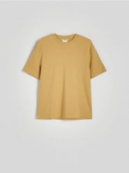 T-shirt boxy - oliwkowy. Zielone t-shirty męskie Reserved, l, bez wzorów, z bawełny, bez kołnierzyka. W wyprzedaży za 29.99 zł.