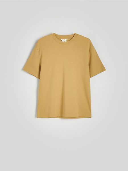 T-shirt boxy - oliwkowy. Zielone t-shirty męskie Reserved, l, bez wzorów, z bawełny, bez kołnierzyka. W wyprzedaży za 29.99 zł.