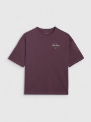 4F T-shirt oversize z nadrukiem damski - fioletowy XS. Fioletowe koszulki sportowe damskie 4f, uniwersalny, bez wzorów, z bawełny, bez kołnierzyka, bez ramiączek. W wyprzedaży za 39.99 zł.