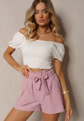 Jasnofioletowe Szorty Bermudy High Waist z Dodatkiem Bawełny Wiązane w Pasie Quisevia. Fioletowe szorty damskie Renee, na lato, l, bez wzorów, z bawełny, z podwyższonym stanem. Za 44.99 zł.
