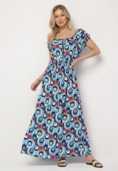 Niebieska Sukienka z Geometrycznym Wzorem i Hiszpańskim Dekoltem Tosile. Niebieskie sukienki damskie Born2be, na co dzień, na lato, l, bez wzorów, eleganckie, bez kołnierzyka, bez ramiączek, maxi. Za 49.99 zł.