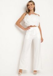 Biały Komplet Top na Regulowanych Ramiączkach z Kwiatem 3D i Eleganckie Spodnie Dimari. Białe spodnie materiałowe damskie Born2be, m, bez wzorów. Za 279.99 zł.